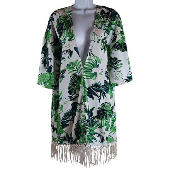 Anandas Collection Green Floral Kimono Cover Up Fringe Hem Free Size Resortwear - Picture 2 of 10